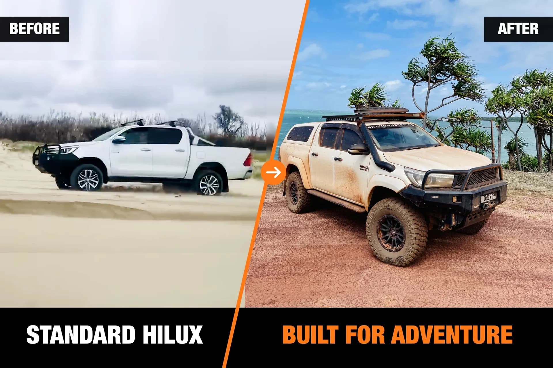 Before and after: a standard Hilux on the sand, then the same Hilux built for adventure with a canopy, roof rack, snorkel, steel bar and muddy all-terrain tyres.