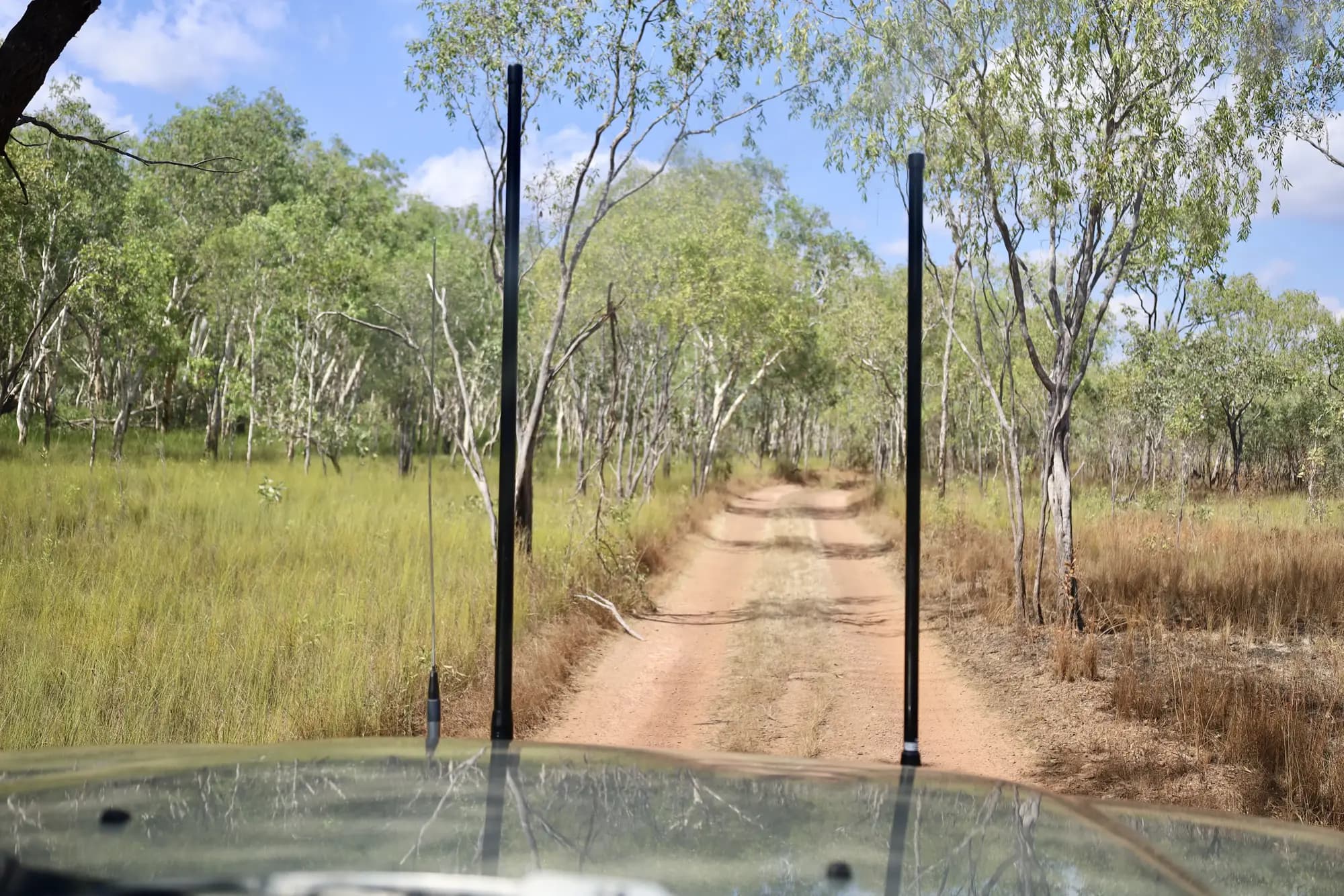 A sandy Kakadu track through open woodland, seen over the bonnet through the windscreen.