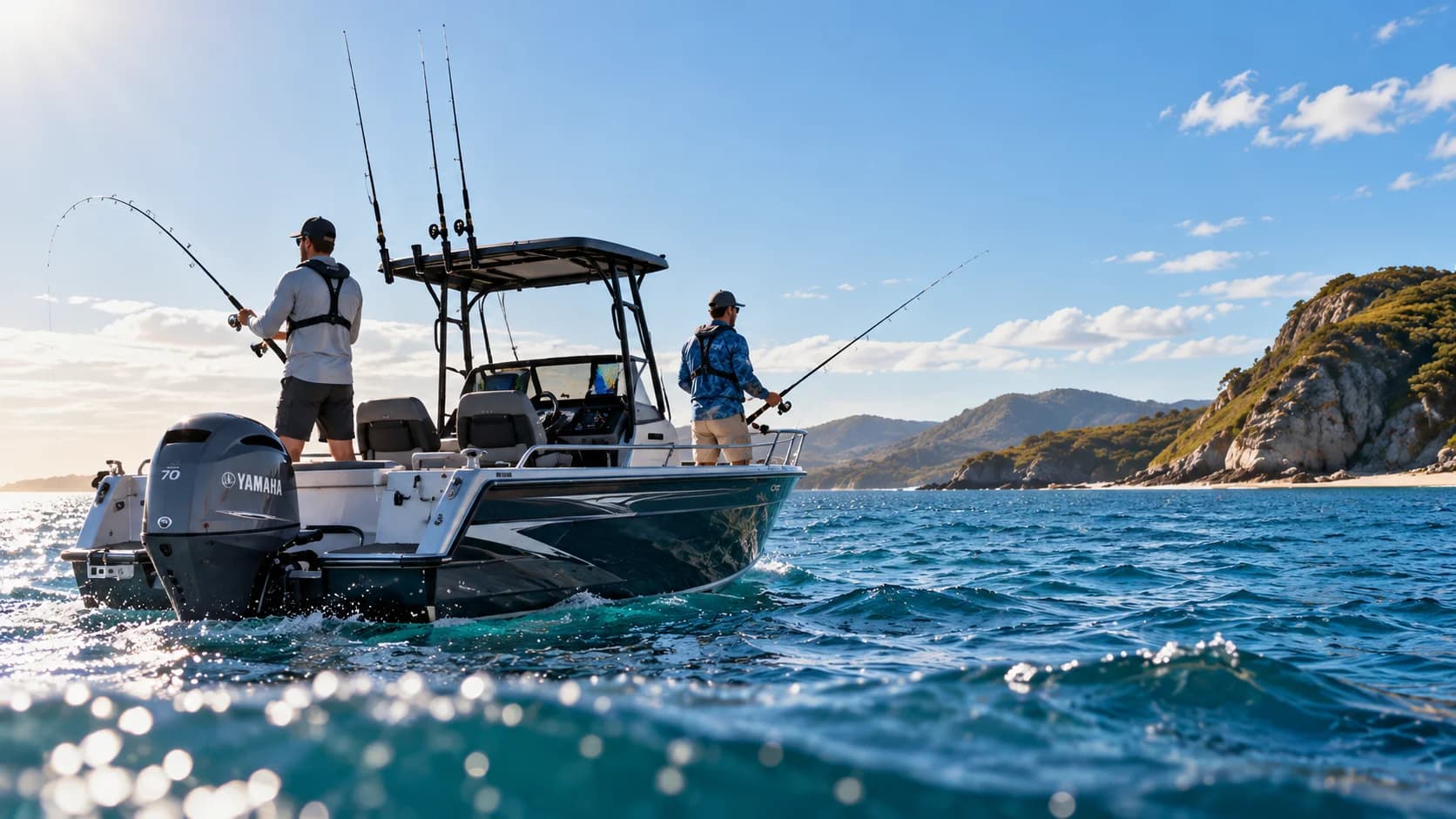 Two people fishing from a centre-console boat off a rocky headland.